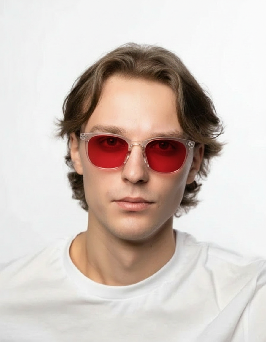 Glasögon med rödaktiga linser